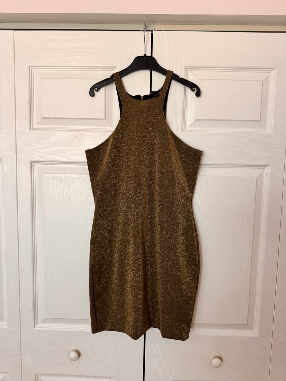 All Saints Metallic Gold Halter Bodycon Stretch Mini Dress – Hugs the Body